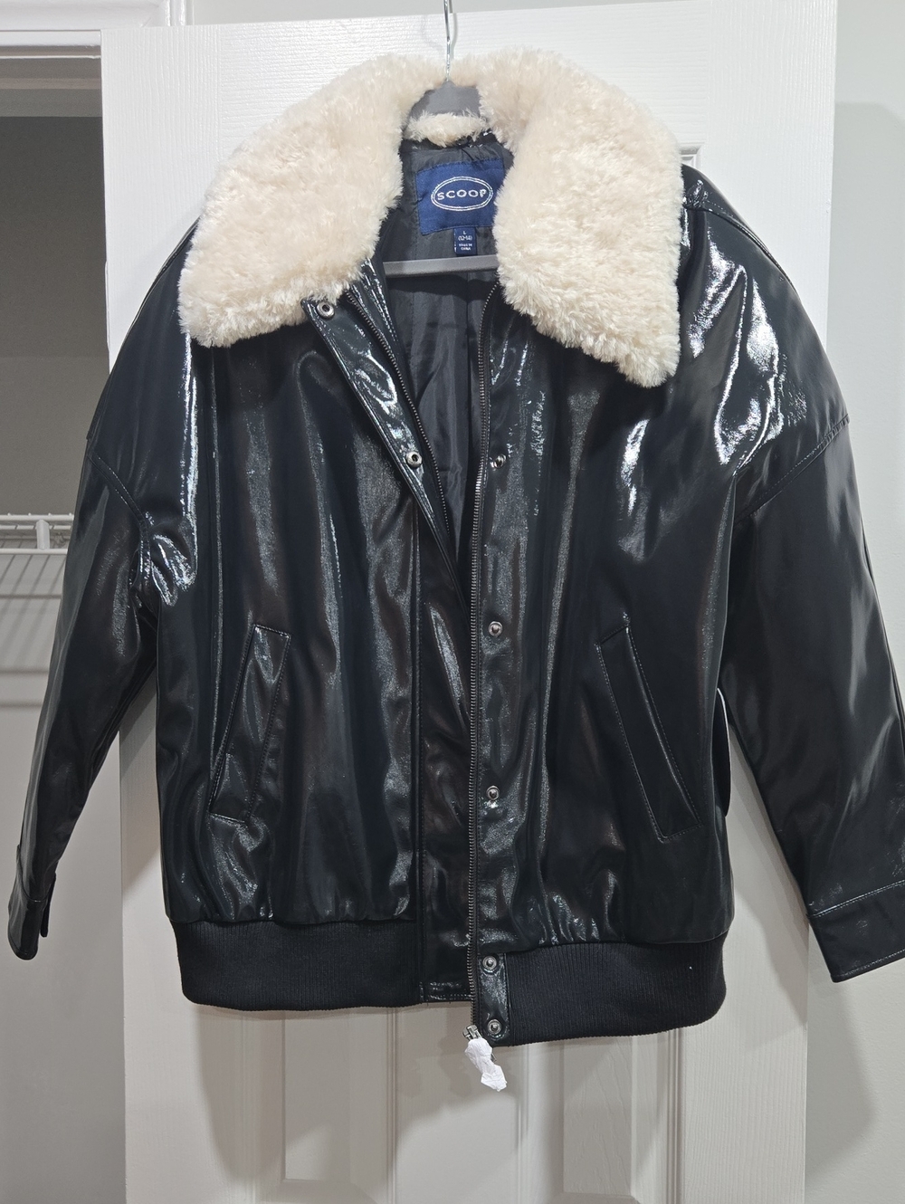 Scoop Black Faux Patent Leather Jacket with Cream Shearling Detachable Collar